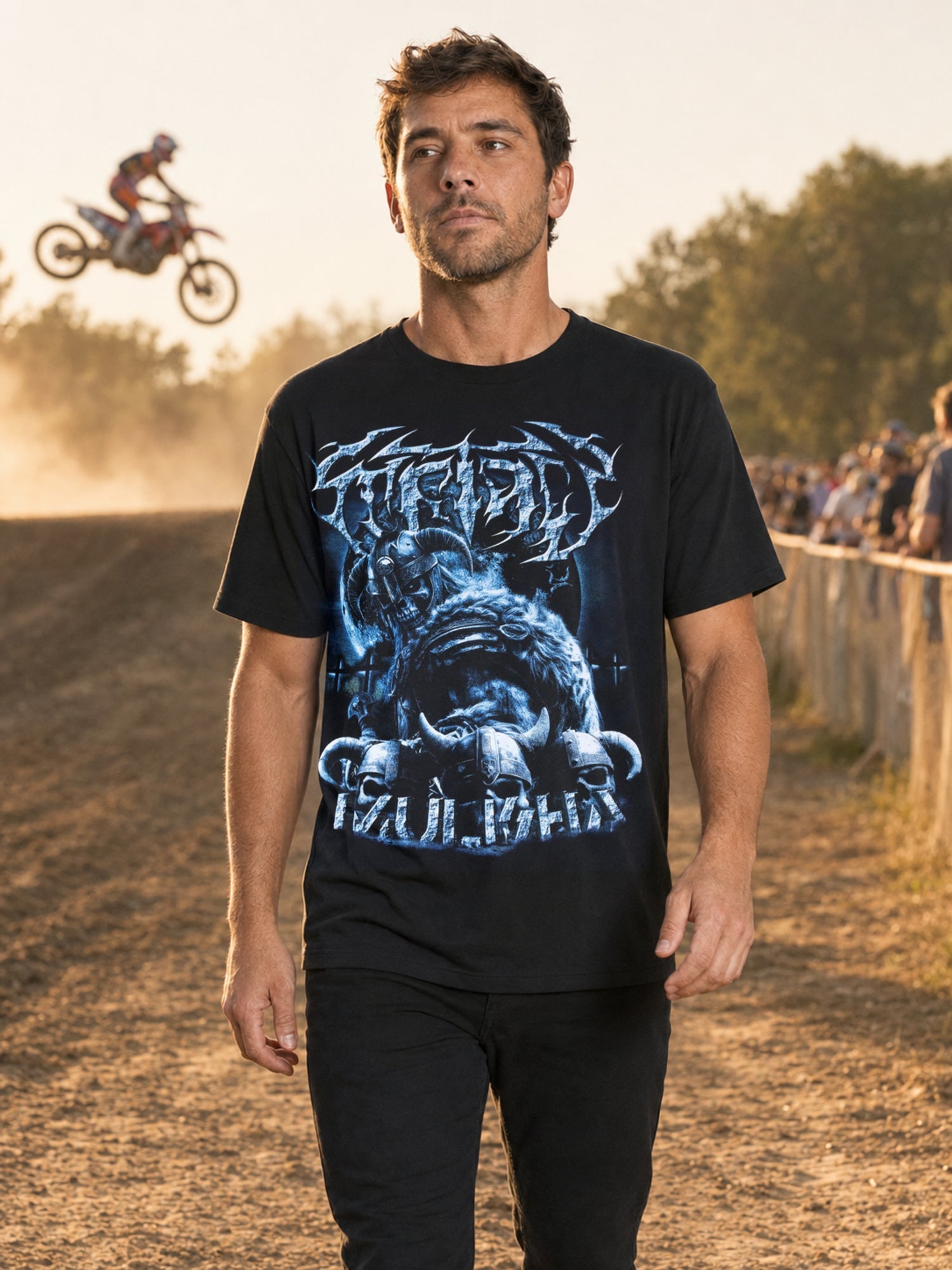 Metal Mulisha Viking Tee worn at an active freestyle motocross event