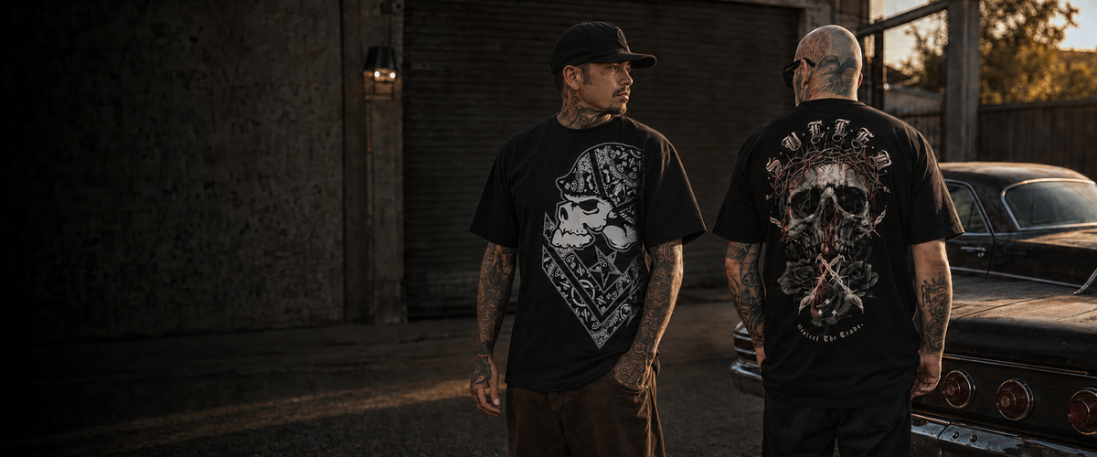 Metal Mulisha and Sullen graphic tees in an automotive lifestyle setting